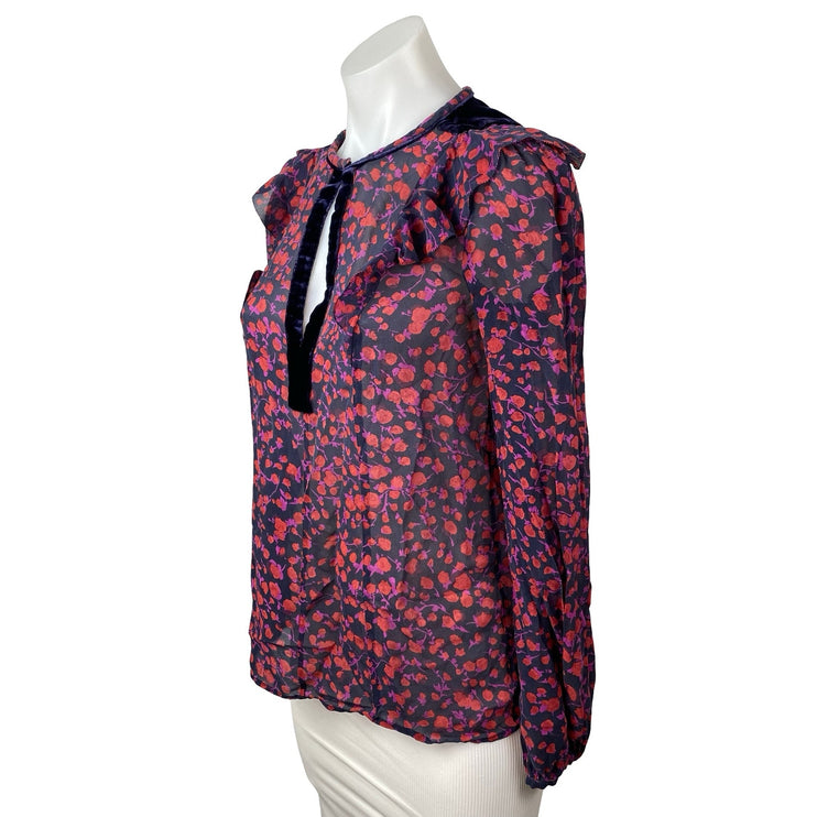 L.K. Bennett Multicolor Mesh Sheer Floral Long Sleeve Cutout Blouse Top Size 4