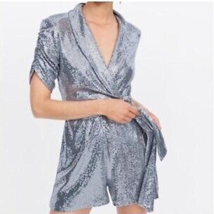 Zara Silver Metallic Sequin Sparkly Shimmer Short Sleeve Wrap Romper Shorts Sz S