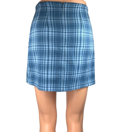 Brandy Melville Cara Blue Checkered Plaid Zipper Mini Straight Pencil Skirt Sz 0