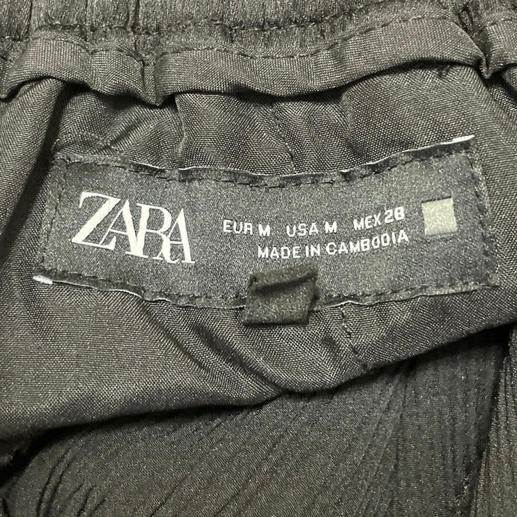 Zara Women's Black Drawstring Pleated Plisse High Rise Wide Leg Trousers Pants M