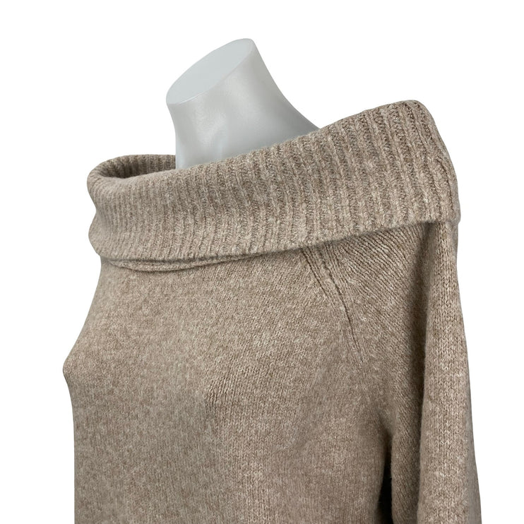 Lillusory Women's Beige Knit Off Shoulder Long Sleeve Sweatshirt Sweater Top S