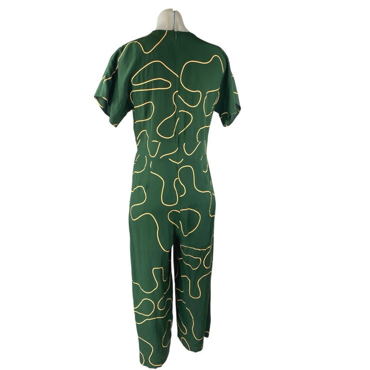 Ali Golden Women's Green Gold Silk Abstract Short Sleeve V Neck Crop Jumpsuit S
