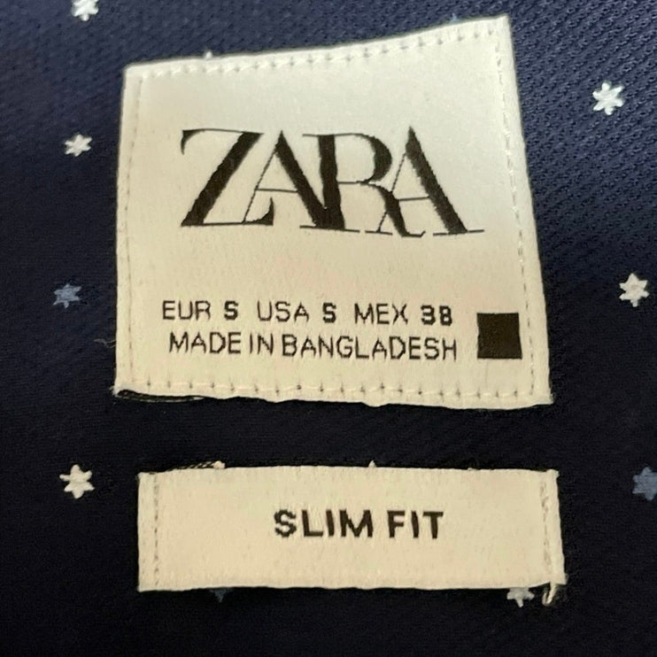 Zara Men's Blue Polka Dots Slim Fit Long Sleeve Button Down Shirt Top Size S