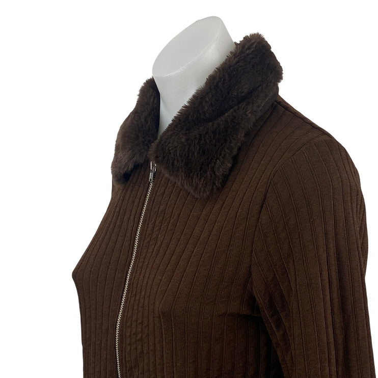 H&M Women's Brown Ribbed Knit Faux Fur Full Zip Cardigan Sweater Top Size M
