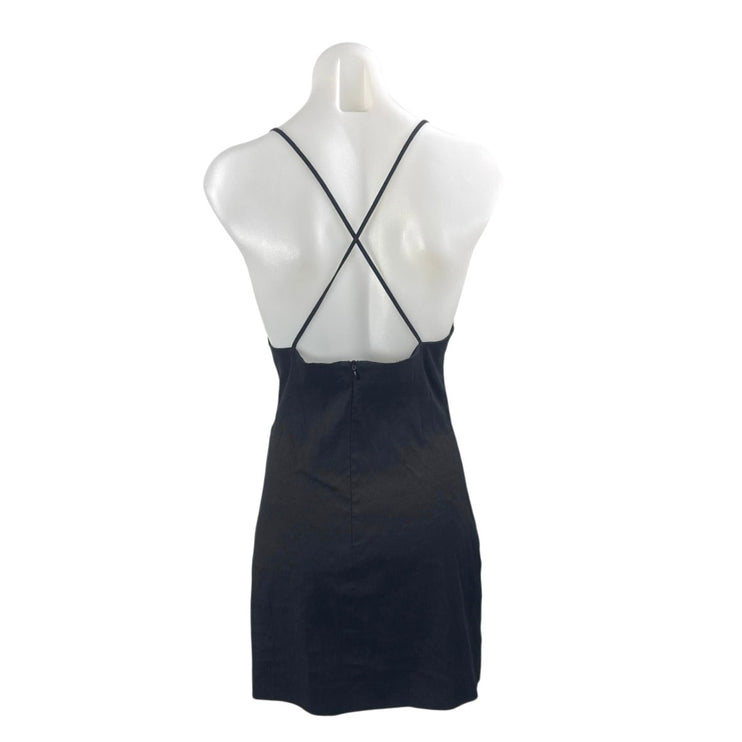 Zara Black Linen Ruched Pleated Sleeveless Mini Cami Tank A-Line Sheath Dress M