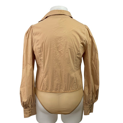 Fashion Nova Women's Tan Long Balloon Sleeve Button Down Shirt Bodysuit Top 1X