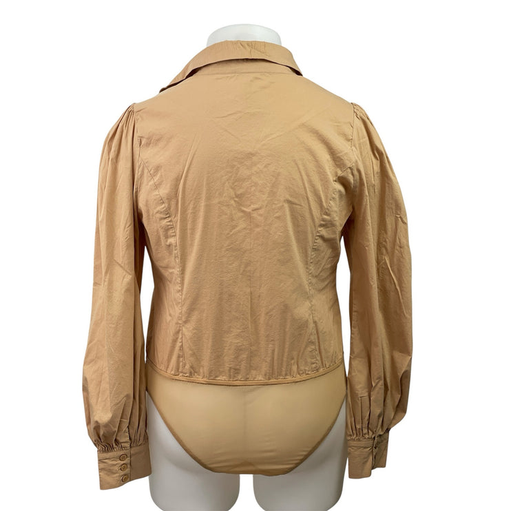 Fashion Nova Women's Tan Long Balloon Sleeve Button Down Shirt Bodysuit Top 1X