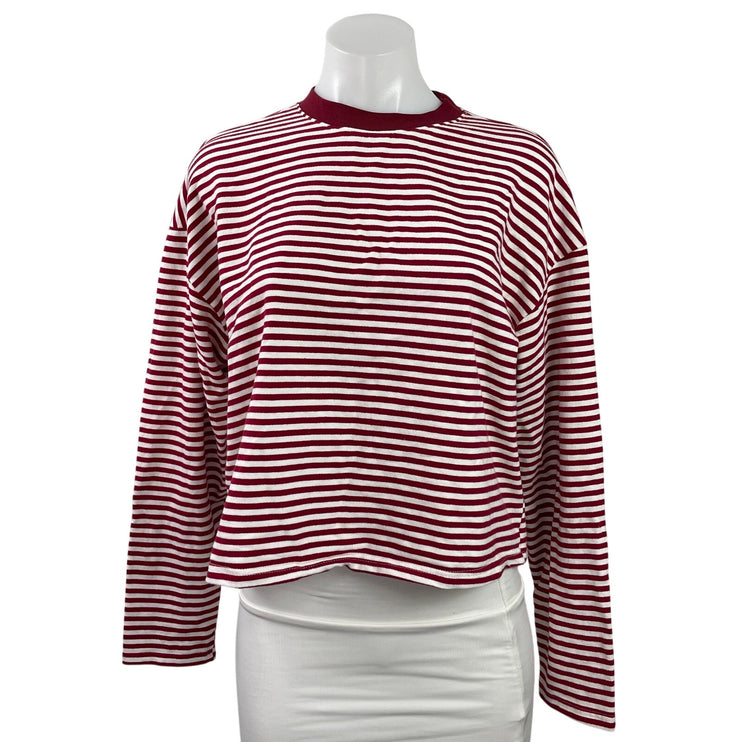 Edikted Women's Red Striped Long Sleeve Crew Neck Boxy T Shirt Tee Top Size S