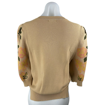 En Creme Women's Beige Tan Floral Long Sleeve Crew Neck Knit Sweater Top Sz M