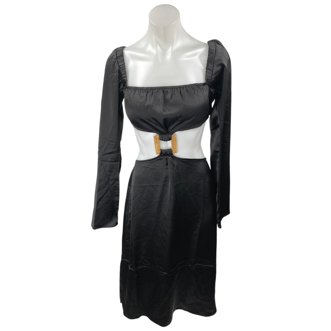 we wore what puff sleeve midi dress New WeWoreWhat Black Long Puff Sleeve Cutout Waist A Line Midi Dress Size XS
