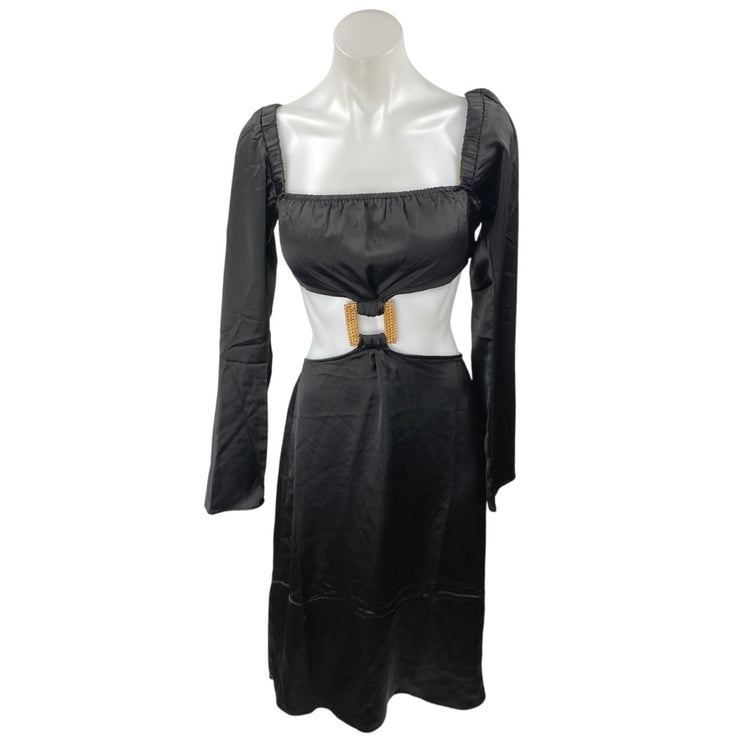 NEW WeWoreWhat Black Long Puff Sleeve Cutout Waist A Line Midi Dress Size XS