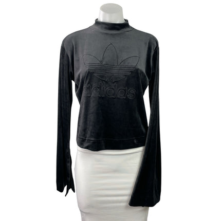 Adidas Bellista Black Velvet Velour Bell Sleeve Embossed Crop Sweatshirt Top S