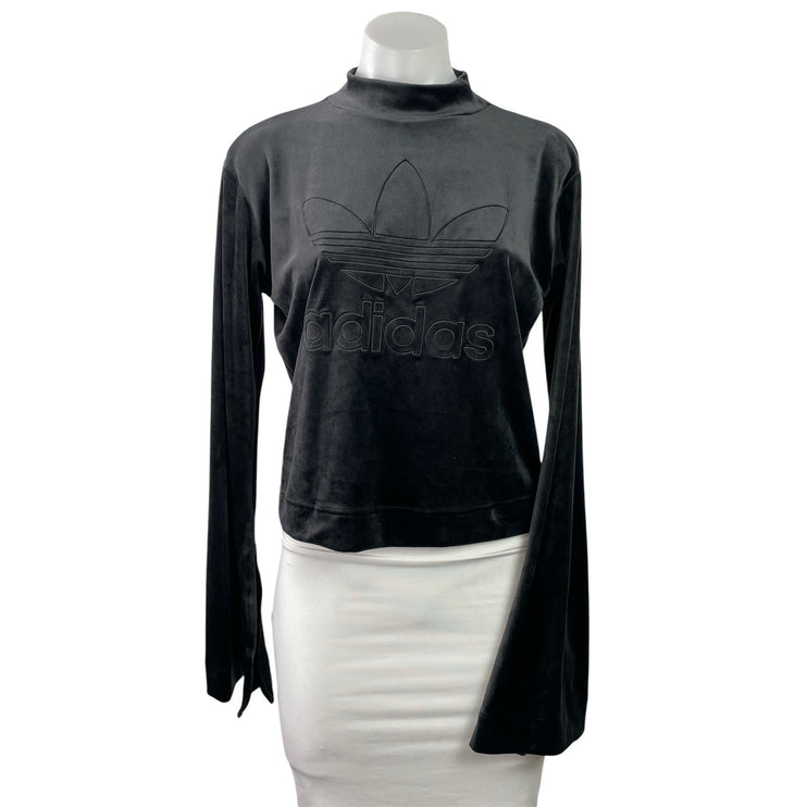 Adidas Bellista Black Velvet Velour Bell Sleeve Embossed Crop Sweatshirt Top S
