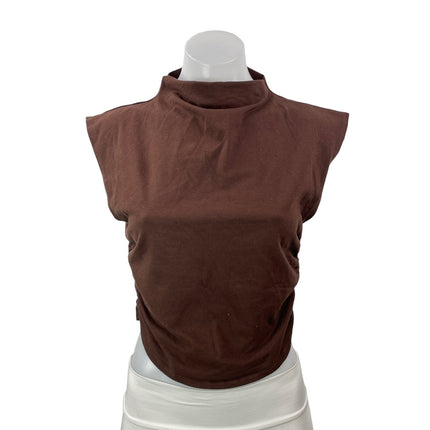 Reformation Brown Sleeveless Ruched Shoulder Pads Mock Neck Crop Tank Top Size M