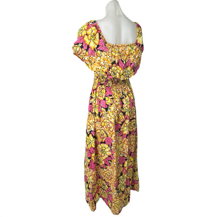 Marine Women's Yellow Pink Floral Tropical Smocked Waist A Line Maxi Dress Sz L