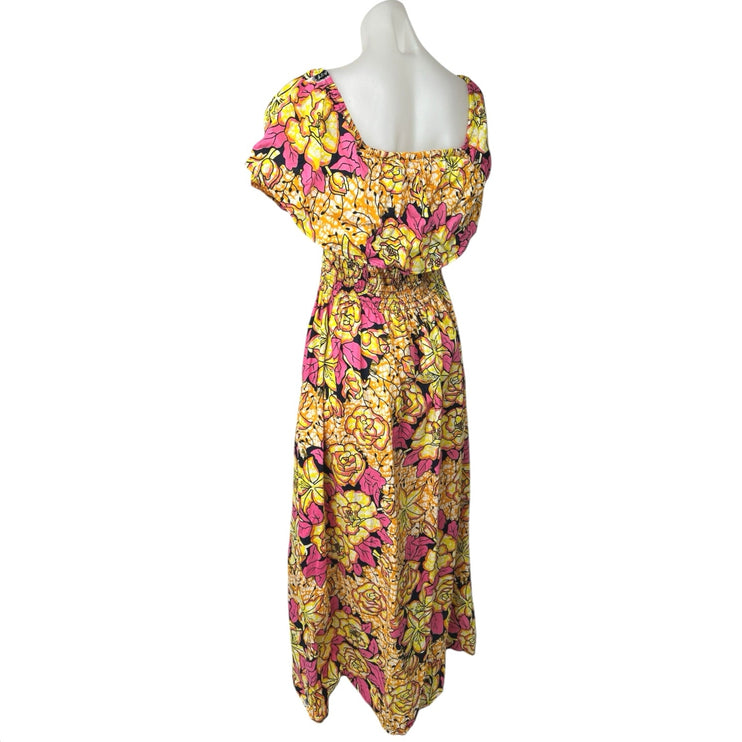Marine Women's Yellow Pink Floral Tropical Smocked Waist A Line Maxi Dress Sz L