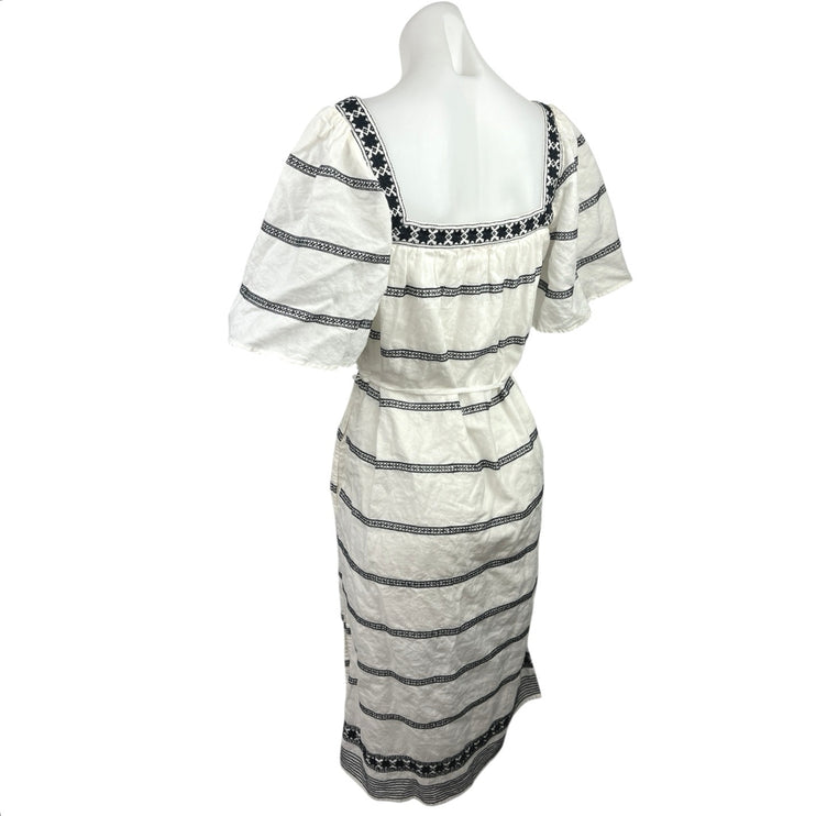 Tory Burch White Black Striped Flutter Boho Peasant Tassel Tie Midi Dress Sz XS