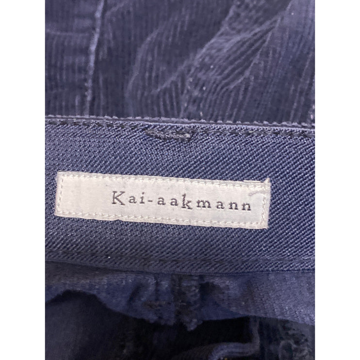 Kai-aakmann WomenNavy Blue Corduroy Mid Rise Straight Leg Trousers Pants Size S