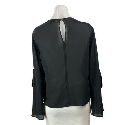 Topshop Women's Black Crew Neck Sheer Long Sleeve Tie Shirt Blouse Top Size 6