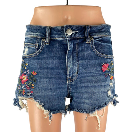 American Eagle Outfitters Floral Embroidered High Rise Denim Cut Off Shorts 12