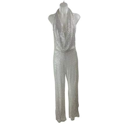 Trendy & Unique Silver Sleeveless Sequin Halter Cowl Neck Romper Jumpsuits Sz M