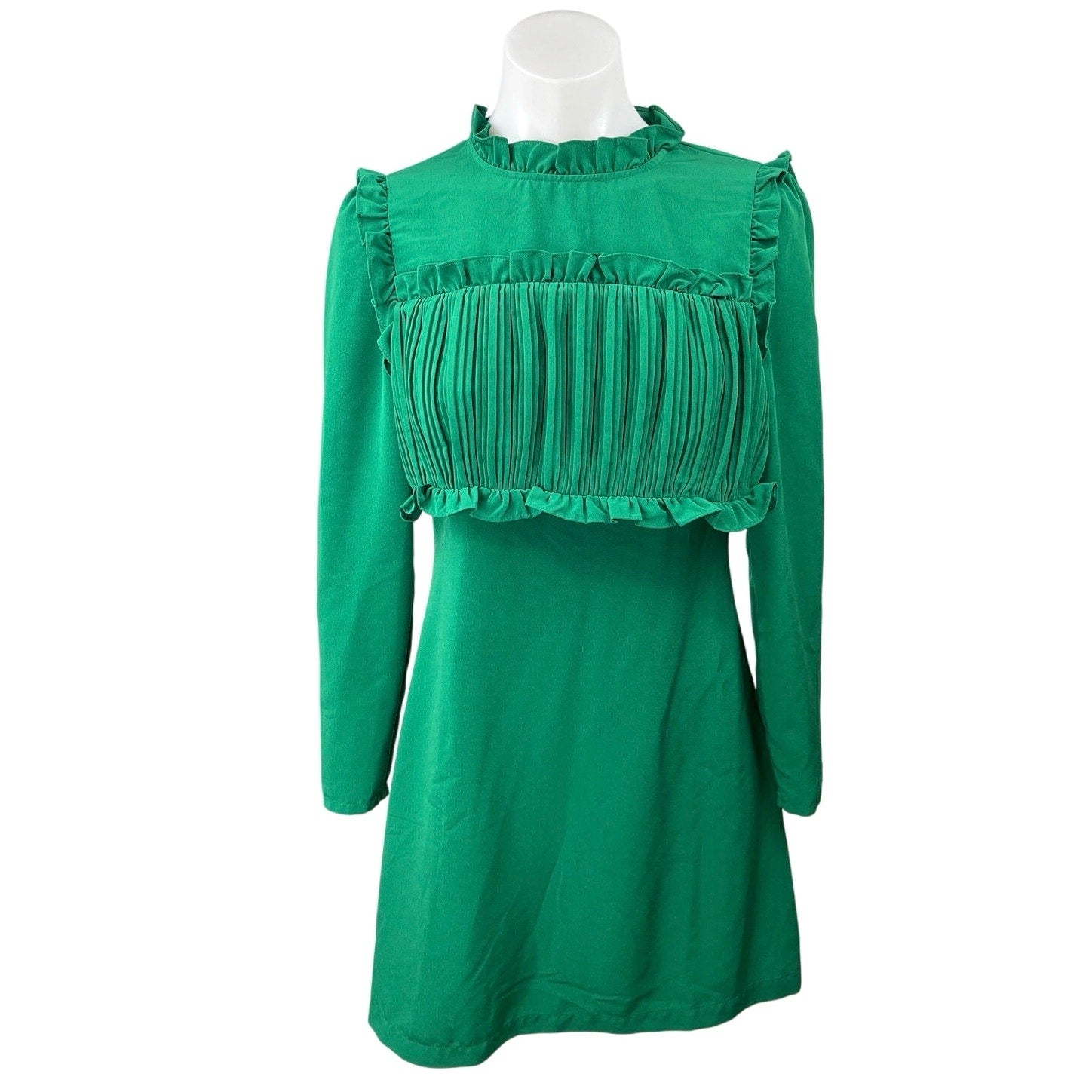 Maje Green Jacqueline Long Sleeve Ruffle Mock Neck Pleated A Line Mini – Brie