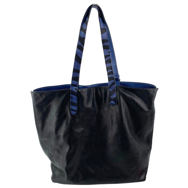 Coach Blue Black 100% Leather Reversible Zip Pocket ShoulderTote Bag Handbag OS