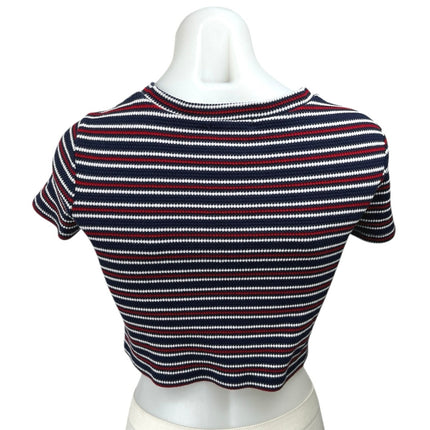 Trafaluc by Zara Blue Red White Striped Chevron Textured Crew Neck Crop Top Sz S