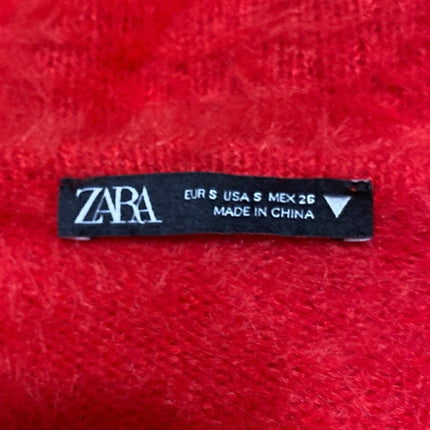 Zara Women's Red Fuzzy Faux Fur Square Neck Long Puff Sleeve Crop Sweater Top S