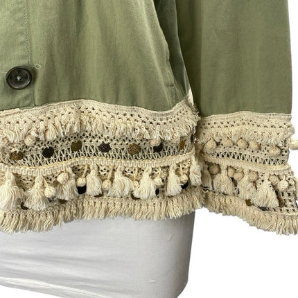 Zara Green Crochet Fringe Trim Button Front Pockets Long Sleeve Jacket Size XS