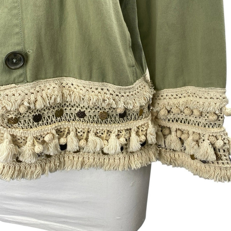 Zara Green Crochet Fringe Trim Button Front Pockets Long Sleeve Jacket Size XS