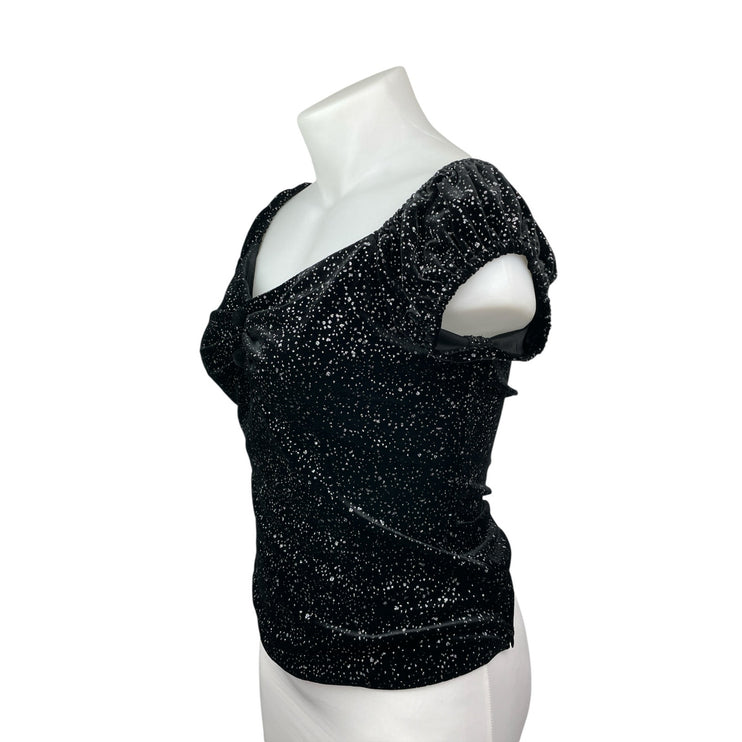 NEW Collectif Black Glitter Velvet Velour Short Sleeve Shirt Blouse Top Size 12