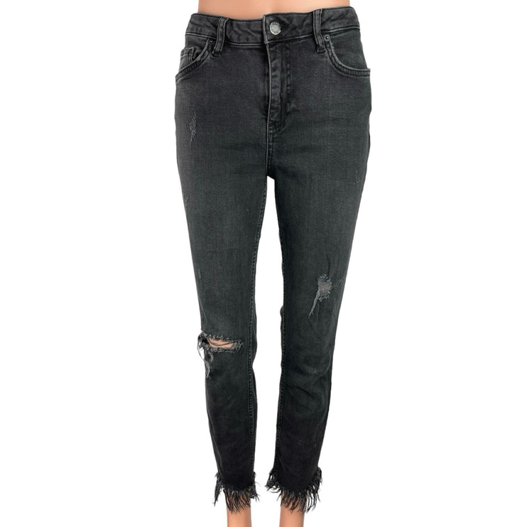 Free People Women's Black High Rise Stretch Distressed Raw Hem Denim Jeans Sz 28