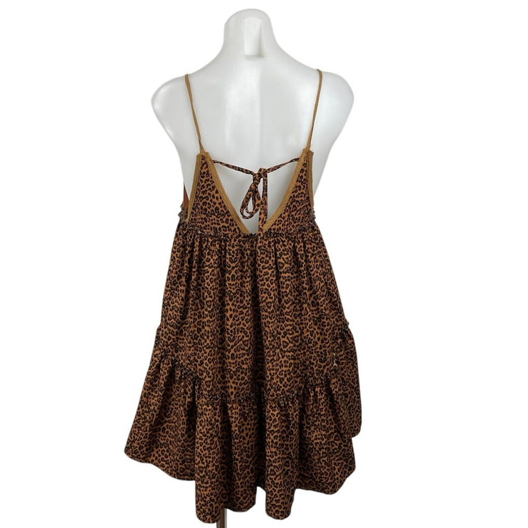 Vestique Brown Leopard Animal Print Sleeveless Tiered Swing A Line Mini Dress S