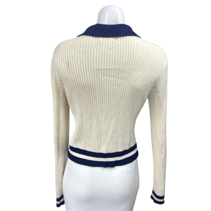 Anthropologie Cream Rib Knit Collar Button Down Long Sleeve Polo Sweater Top XS