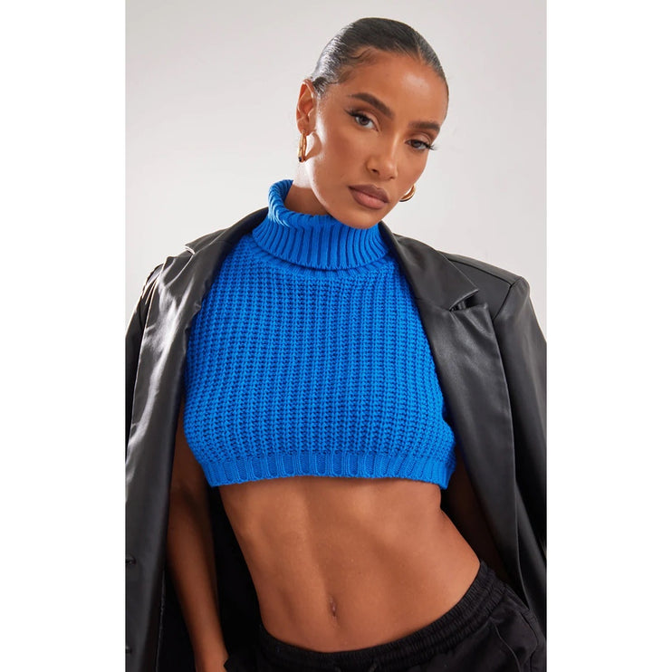 PrettyLittleThing NWT Blue Chunky Knit Roll Neck Sleeveless Crop Top Vest Sz XS