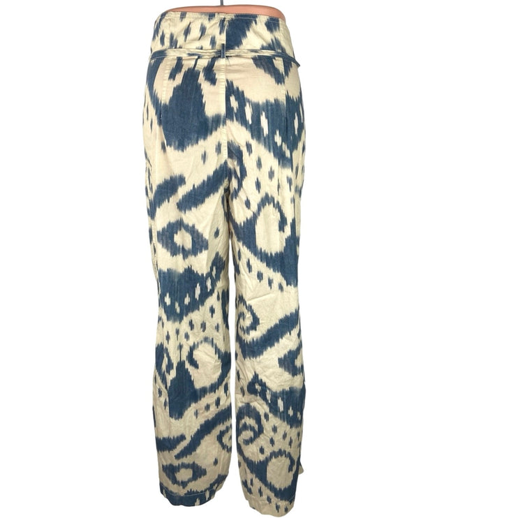 Zara White Blue Aztec Print High Waist Wide Leg Belted Tie Waist Trouser Pants M