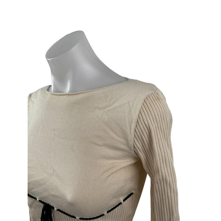 Motel Women's Beige Tie Bustier Ribbed KNit Long Sleeve Blouse Crop Top Size M