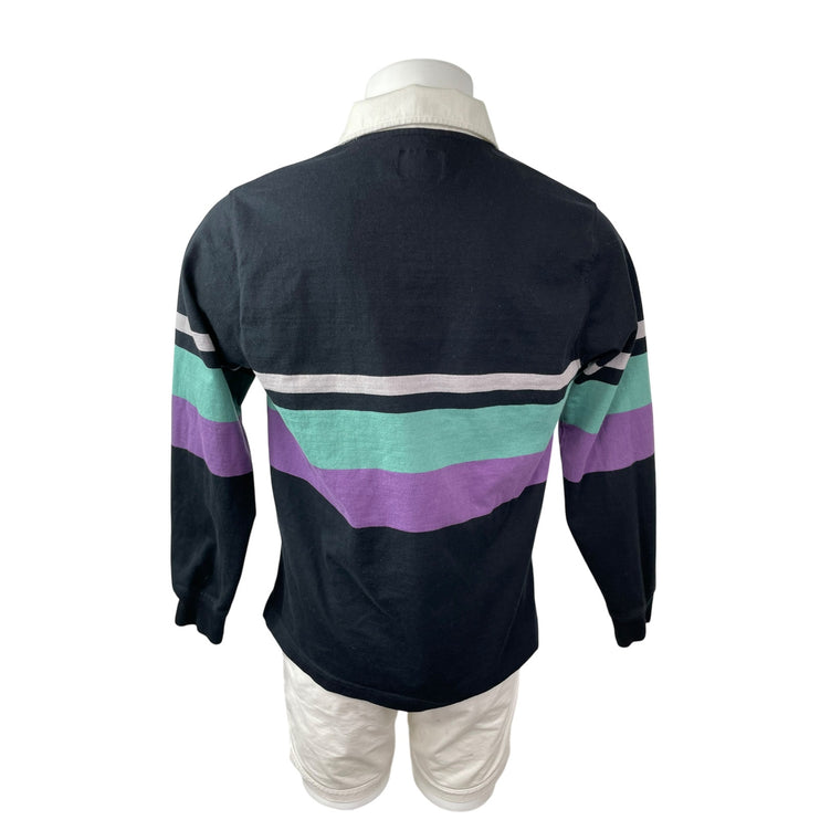 Stussy Mens Black Striped Colorblock Long Sleeve Logo Golf Polo Shirt Top Size M