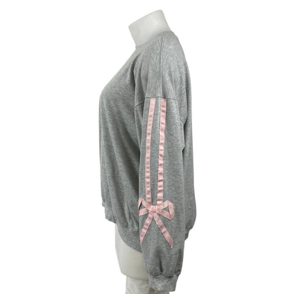 Main Strip Women's Gray Embroidered Pink Bow Long Sleeve Sweatshirt Top Size L