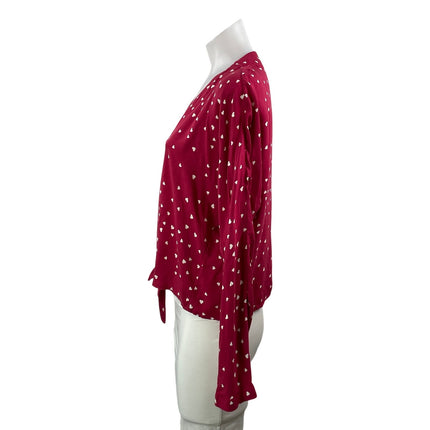 Rails Women's Red Hearts Long Sleeve Button Down V Neck Tie Blouse Top Size S