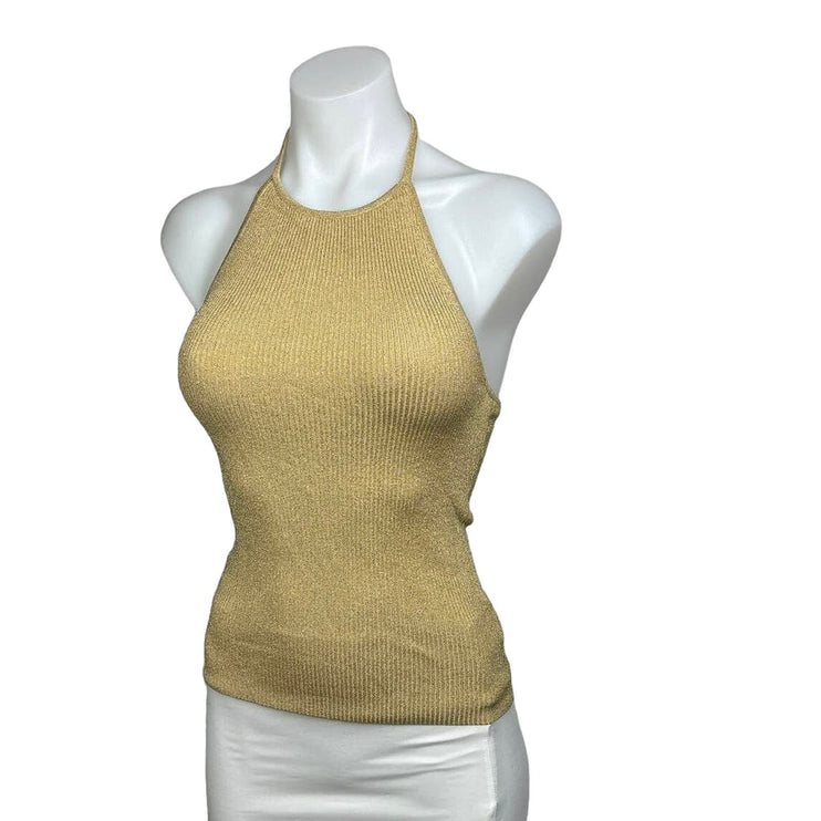 Intermix Gold Metallic Ribbed Fitted Strap Halter Camisole Tank Top Size XSP