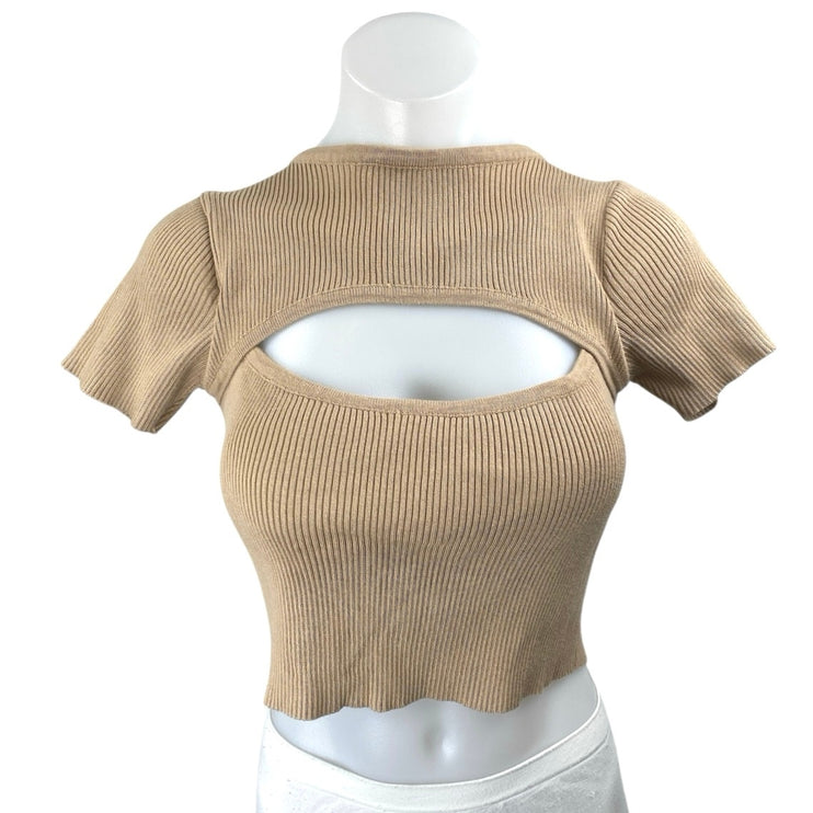 Cider Womens Brown Tan Rib Knit Cutout Short Sleeve High Neck Crop Sweater Top S