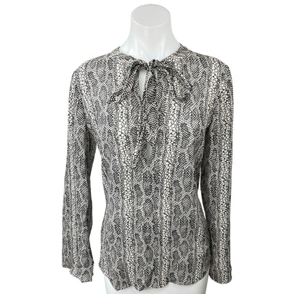 Theory Black White 100% Silk Snake Skin Print Tie Neck Long Sleeve Blouse Top S