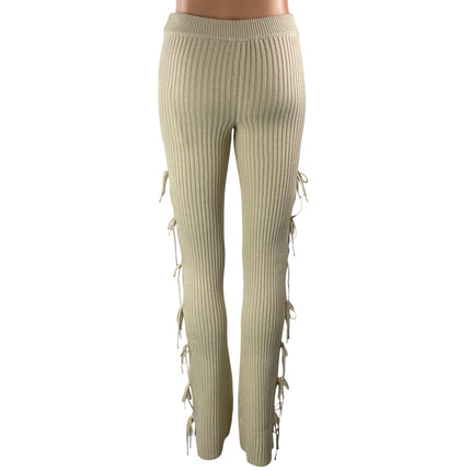 NEW GUIZIO Beige High Waist Ribbed Knit Side Tie Straight Flared Trouser Pant XS