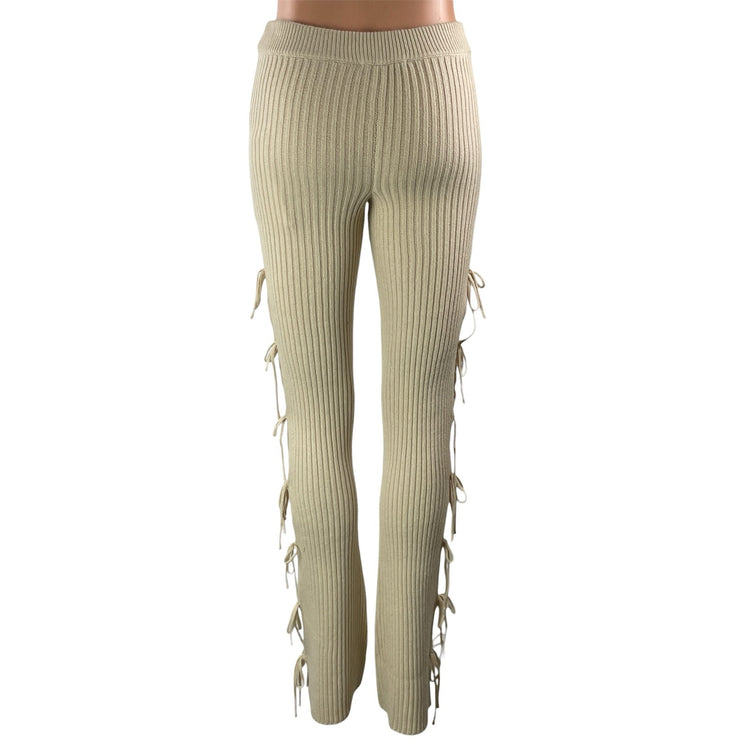 NEW GUIZIO Beige High Waist Ribbed Knit Side Tie Straight Flared Trouser Pant XS