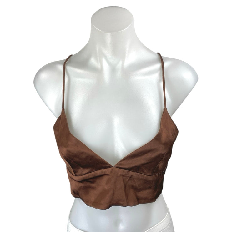 Zara Brown Silk Satin Sleeveless Cut Out Cami Camisole Tank Crop Top Size S