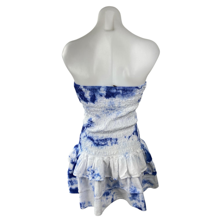 Cotton Natural Blue Tie Dye Smocked Strapless Ruffle Tiered Mini Dress Size S