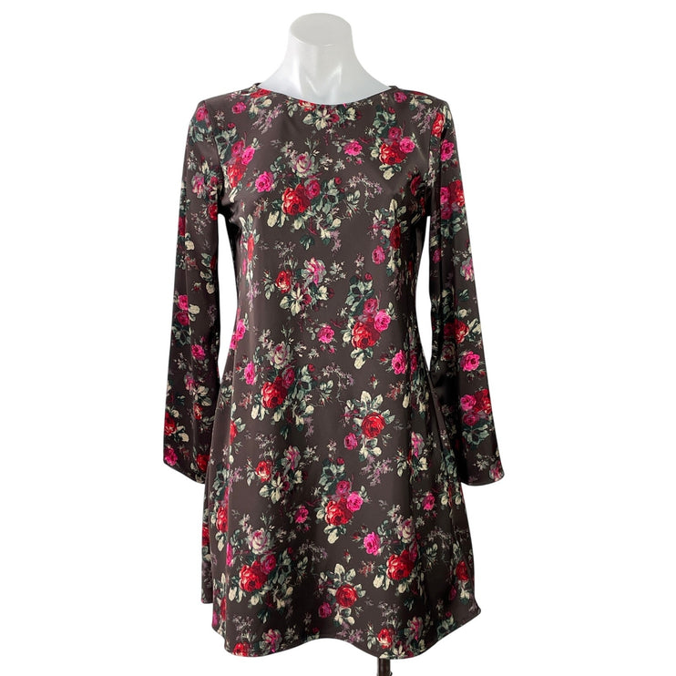 Gap Women's Brown Floral Long Sleeve Crew Neck Peasant A Line Mini Dress Size S
