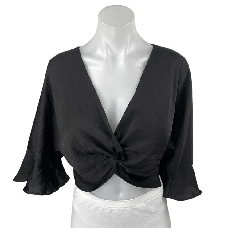 Zara Women's Black Bell Sleeves V Neck Twist Front Cropped Blouse Top Size XS